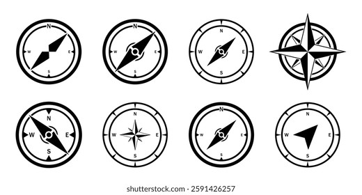 Compess icon set navigation symbol geography east west north south arrow circle travel journey adevnture discovery