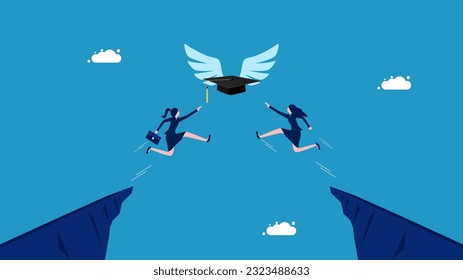 Compete for academic success. Two businesswomen jumping to compete for graduation caps