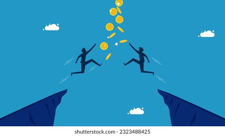 Compete in business to capture profits. Two men jumping to grab coins