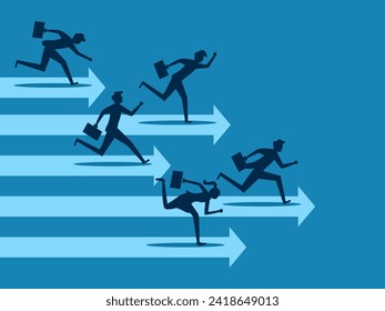 Compete, compare performance. Businessmen compete with each other on the arrow racetrack