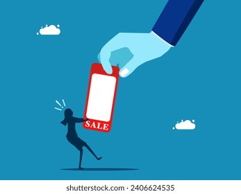 Compete for discounted products. Big hand pulling a tug of war sale sign with a small woman