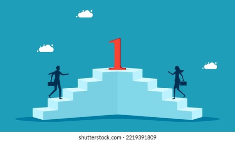 Compete for excellence. businessman walks up the stairs to compete for the first place
