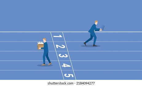 Compete position, contest and 
compare performance concepts. Hard-working, diligent, businessman run on a race track from a start line, fired loser unemployment ending job. economic downturn lay off.