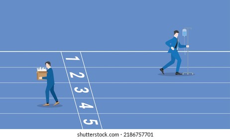 Compete position, contest and 
compare performance concepts. Hard-working, diligent, businessman run on a race track from a start line, fired loser unemployment ending job. economic downturn lay off.