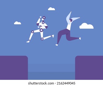 compete with robots. Humans and robots race through the obstacles. improve skills so as not to lose to technology. future technology. flat cartoon illustration. vector concept design