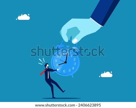 Compete for time. Big hand pulling war clock with small businessman