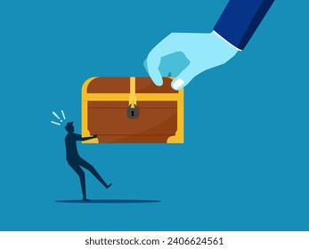 Compete for treasure. Big hand pulling tug of war treasure chest with small man