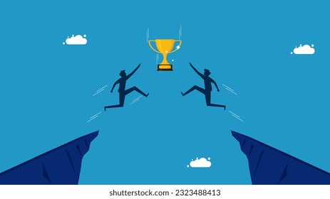 Compite por la victoria. Dos hombres saltando para agarrar un trofeo