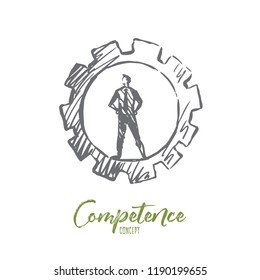 Competence, business, management, task, man concept. Hand drawn man standing inside of gear concept sketch. Isolated vector illustration.