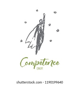 Competence, business, work, task, success concept. Hand drawn superhero flying to stars concept sketch. Isolated vector illustration.