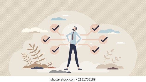 Competence and experienced ability to do performance tiny person concept. Skills and effective attitude with learning and self development vector illustration. Professional knowledge and experience - Shutterstock ID 2131738189