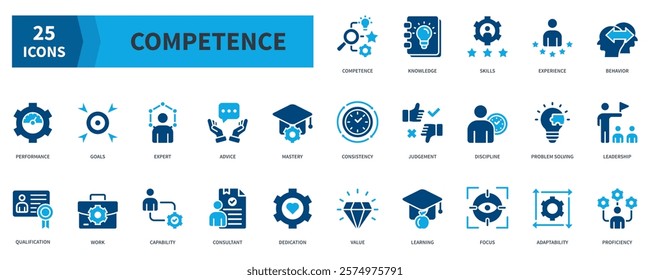 Competence Icon Collection Set. Containing knowledge, skills, experience, performance, goals, expert, leadership Icon. Simple Flat Vector. Blue Color Style