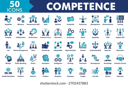 Competence Icon Set Collection. Consist Of Capability, Efficiency, Interpersonal Skill, Goal, Aptitude, Credential, Proficiency, Management, Communication, Training. Simple Flat Vector Illustration.