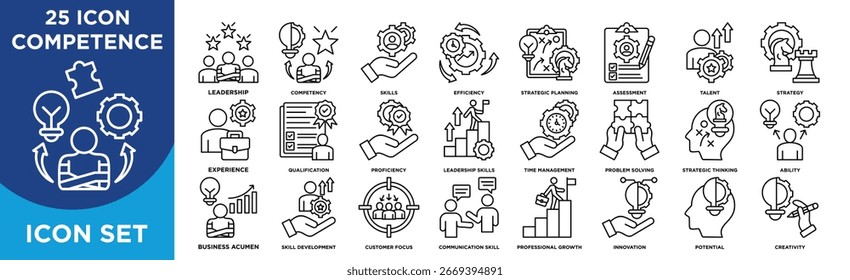 Ícone de competência definir estilo de estrutura de tópicos da coleção.Contém   liderança, competência, habilidades, eficiência, planejamento estratégico