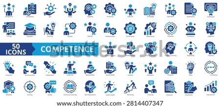competence icon set contains skill, ability, capability, proficiency, expertise, knowledge, experience, qualification, certification, training, education, learning, practice, mastery, professionalism