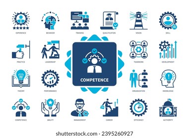 Symbol für Kompetenz festlegen. Theorie, Effizienz, Teamarbeit, Autorität, Fähigkeit, Qualifikation, Vision, Entwicklung. Duotone-Farbsymbole