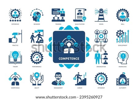 Competence icon set. Theory, Efficiency, Teamwork, Authority, Ability, Qualification, Vision, Development. Duotone color solid icons
