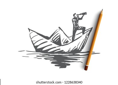 Competence, job, skill, management, efficiency concept. Hand drawn man on paper boat looking forward concept sketch. Isolated vector illustration.