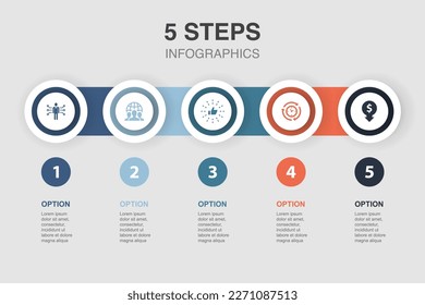 competencia, equipo de outsourcing, mejores prácticas, eficiencia, reducción de gastos, iconos Plantilla de diseño de infografía. Concepto de presentación creativa con 5 pasos