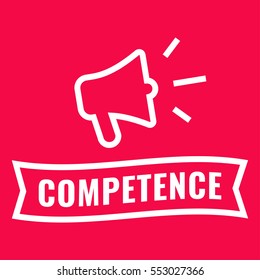 Competence. Ribbon and megaphone icon. Flat vector illustration on red background.