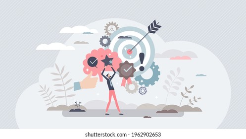 Competence and skill experience for quality performance tiny person concept. Employee knowledge and attitude as professional leader personality vector illustration. Advanced efficiency or productivity