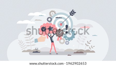 Competence and skill experience for quality performance tiny person concept. Employee knowledge and attitude as professional leader personality vector illustration. Advanced efficiency or productivity