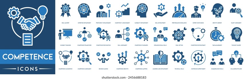 Competence, Skill Mastery, Expertise Development, Proficiency Enhancement, Competency Advancement, Capability Development, Skill Development line web icon set. Outline icons