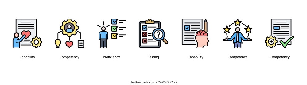 Ícone de vetor do banner da Web de Desenvolvimento de Competência apresentando Capacidade, Competência, Proficiência, Teste, Capacidade, Competência e Competência.