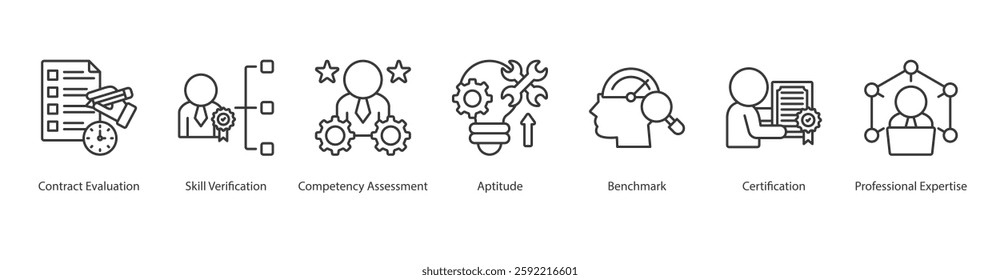 Competency Evaluation Icon Sheet contract evaluation, skill verification, competency assessment, aptitude, benchmark, certification, professional expertise