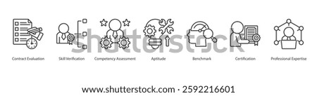 Competency Evaluation Icon Sheet contract evaluation, skill verification, competency assessment, aptitude, benchmark, certification, professional expertise