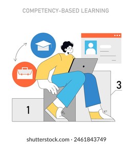 Concepto de aprendizaje basado en competencias. Desarrollo personalizado de habilidades en línea, logrando hitos académicos a su propio ritmo. Ilustración vectorial.