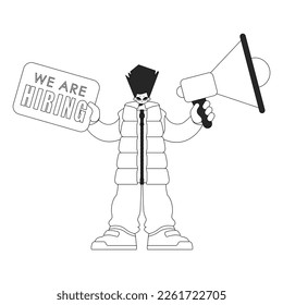 Competent HR specialist man holding a megaphone in his hands. HR topic. Linear newspaper black and white style.