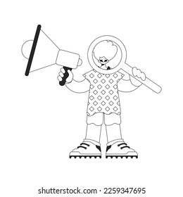 Competent HR specialist man holds a megaphone and a magnifying glass in his hands. HR topic. Linear newspaper black and white style.