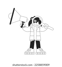 Competent HR specialist woman holding a megaphone and a magnifying glass in her hands. HR topic. Linear black and white style.