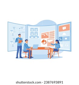 Un equipo competente de trabajadores en el espacio de oficinas. El equipo de desarrolladores de front-end brainstorming UI y UX design para aplicaciones móviles en una pantalla de computadora portátil. Concepto de desarrolladores de APP. ilustración plana vectorial moderna de tendencia