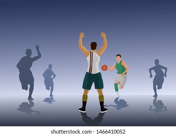 Competing basketball team is. Basketball player silhouette background.