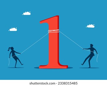 Competing to be number one. Two businessmen help each other pull number one. vector 