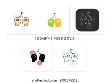 Competing icons set. Competition between coworker. Stress position without considering opposing view points.Collection of icons in linear, filled, color styles.Isolated vector illustrations