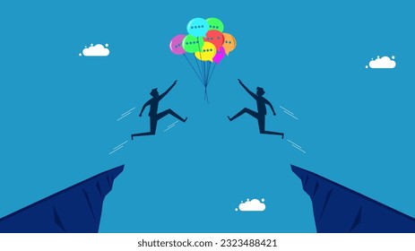 Competing for information. Two men jumping over each other grabbing speech balloons