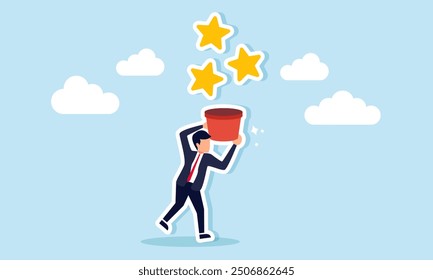 Competing for service ratings and excellence, striving for superior performance quality concept of A businessman reaching out to catch stars, symbolizing the pursuit of top ratings