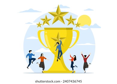 Competition or achievement trophy concept. golden cup achievement award winning program, excellence award, customer loyalty marketing program, happy businessman with giant trophy. vector illustration.