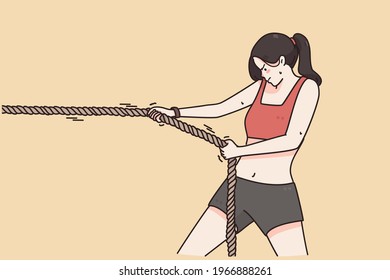Competition and active lifestyle concept. Young sporty woman cartoon character standing making tug of war trying to win and be best vector illustration 