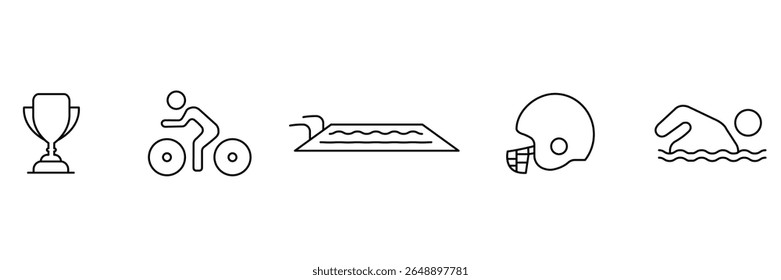 Competition and activity icon set with trophy cyclist swimming helmet pool training sport minimal outline vector illustration for achievement.
