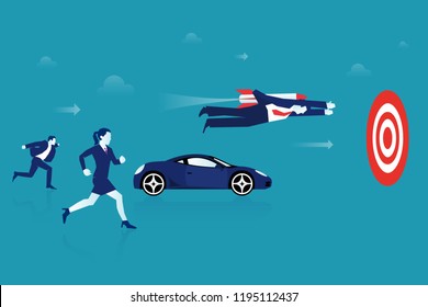 Competition and advantages. Business people competing by different ways, one flying forward with a rocket engine toward the goal success isolated on blue background. Eps Minimalist Vector illustration