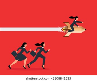 Competition and advantages, unique way to win business competition. Businesswoman riding a rocket leading others in a race
