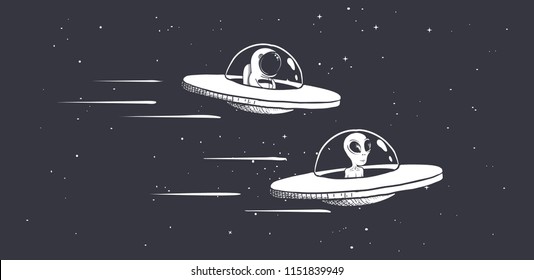 competition astronaut and aliens on flying saucers in outer space.Vector illustration