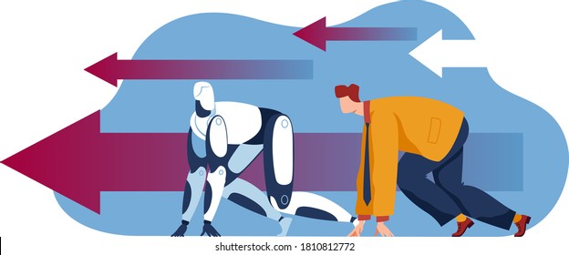 Competition with automation technology concept, vector illustration. Business human and future ai machine, futuristic robotic cyborg person. Job staff metaphor race, mankind vs ai.