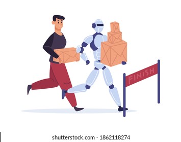 Competition with automation technology. Man and robot running to finish with parcels. Guy and artificial intelligence holding carton boxes. Machine winning marathon vector illustration