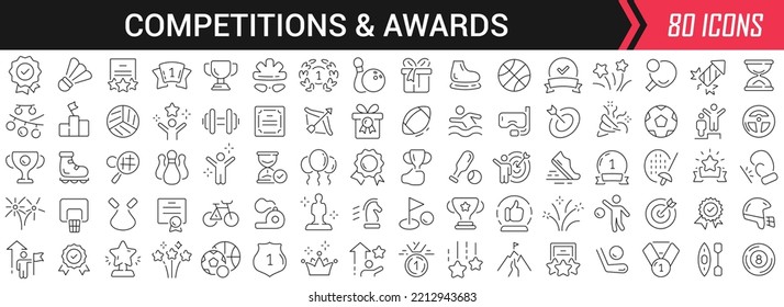 Competition and award linear icons in black. Big UI icons collection in a flat design. Thin outline signs pack. Big set of icons for design