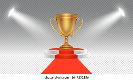 Competition award. Victory podium, sport or business winning pedestal with spotlights. Illuminated red carpet and stage with gold cup vector illustration